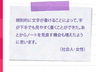 規則的に文字が書けることによって、字が下手でも見やすく書くことができた。あとからノートを見直す機会も増えたように思います。（社会人・女性）