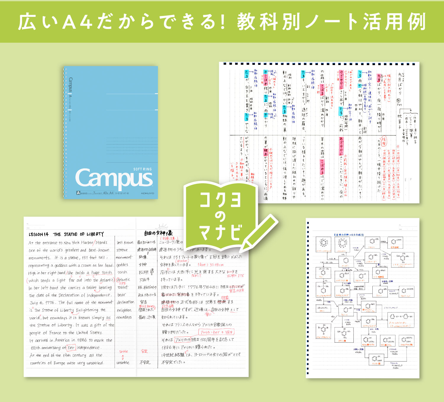 広いA4だからできる！ 教科別ノート活用例